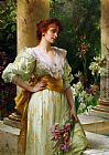 Holding Paintings - Woman in White Holding Irises by Conrad Kiesel